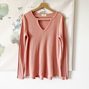 Anthropologie T. La Top Size XS Blush Pink Waffle Knit Key Hole Raw Hem Shirt